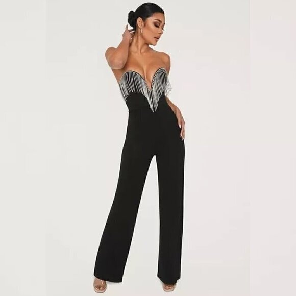 Meshki Bellia Diamante Fringe Strapless Jumpsuit XS Black Glam Party - Picture 1 of 10